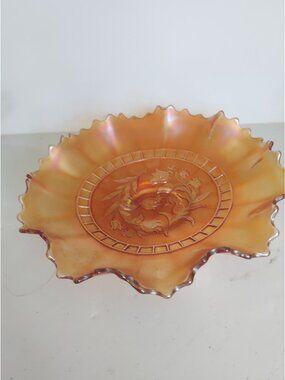 Antique Dugan Glass Company marigold carnival glass ruffled bowl Windflower 9"